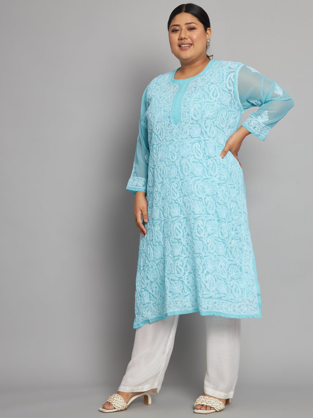 Lucknow Chikankari Hand Embroidered Long Kurta with matching slip, Plus Sizes - Indiankala4u