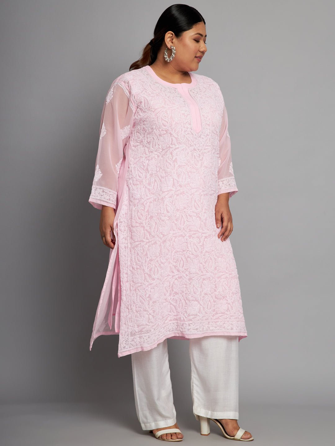 Lucknow Chikankari Hand Embroidered Long Kurta with matching slip, Plus Sizes - Indiankala4u