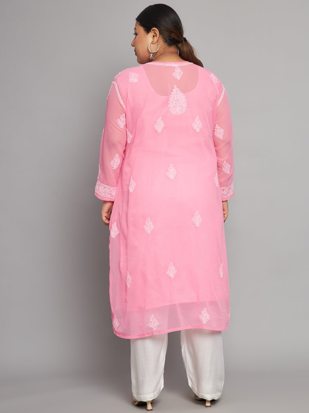 Lucknow Chikankari Hand Embroidered Long Kurta with matching slip, Plus Sizes - Indiankala4u
