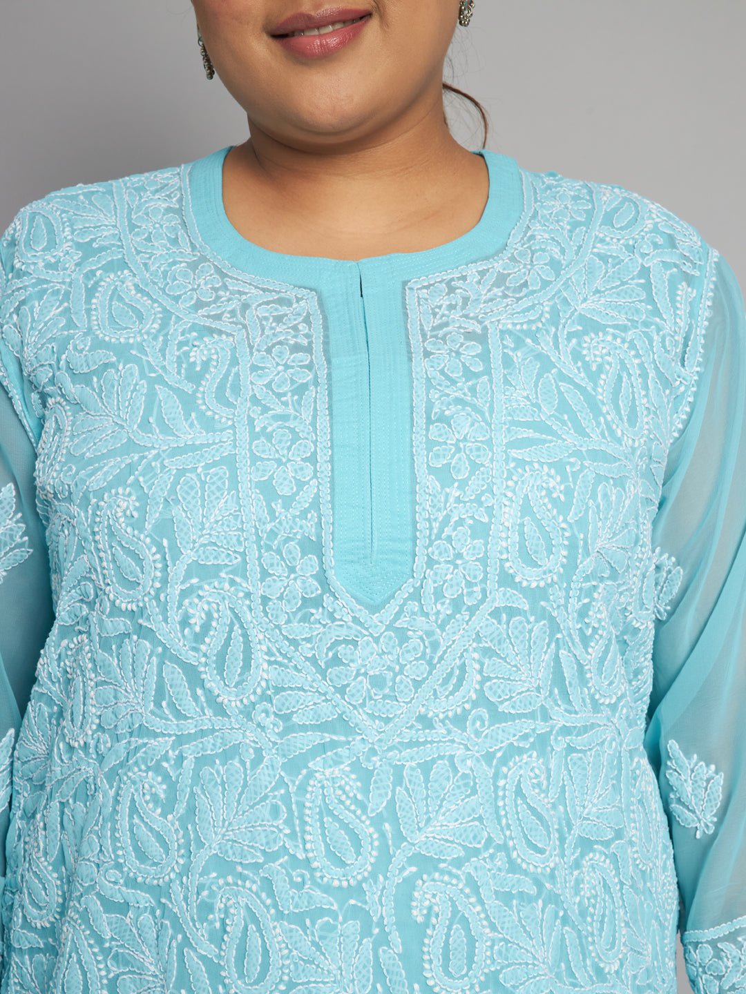 Lucknow Chikankari Hand Embroidered Long Kurta with matching slip, Plus Sizes - Indiankala4u