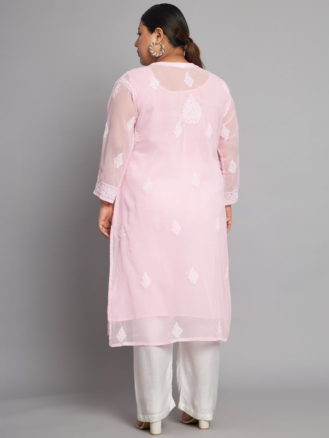 Lucknow Chikankari Hand Embroidered Long Kurta with matching slip, Plus Sizes - Indiankala4u