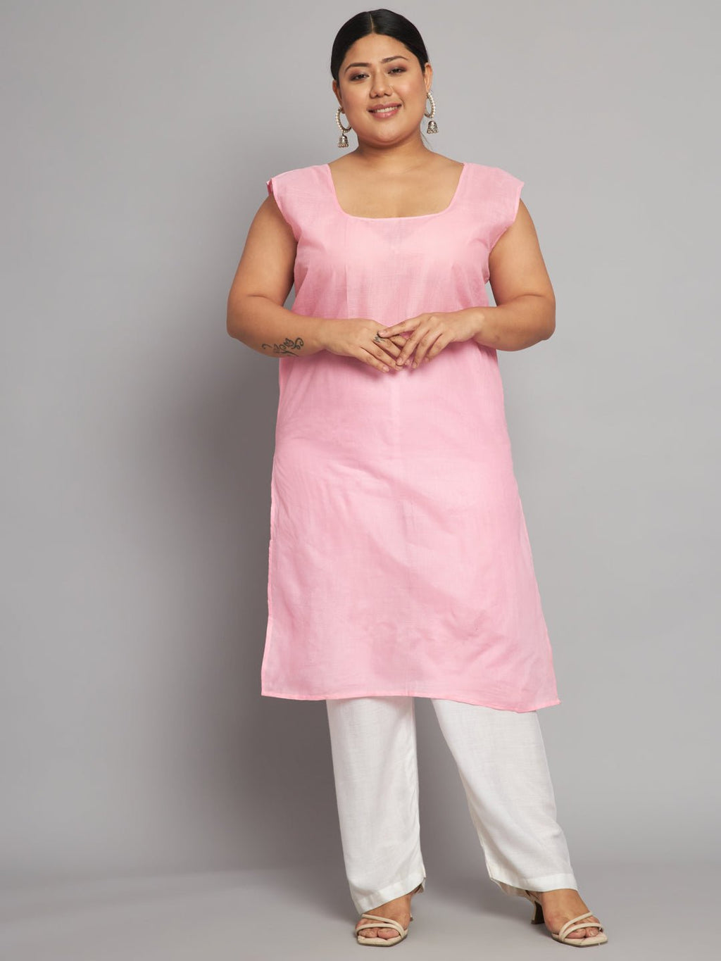 Lucknow Chikankari Hand Embroidered Long Kurta with matching slip, Plus Sizes - Indiankala4u