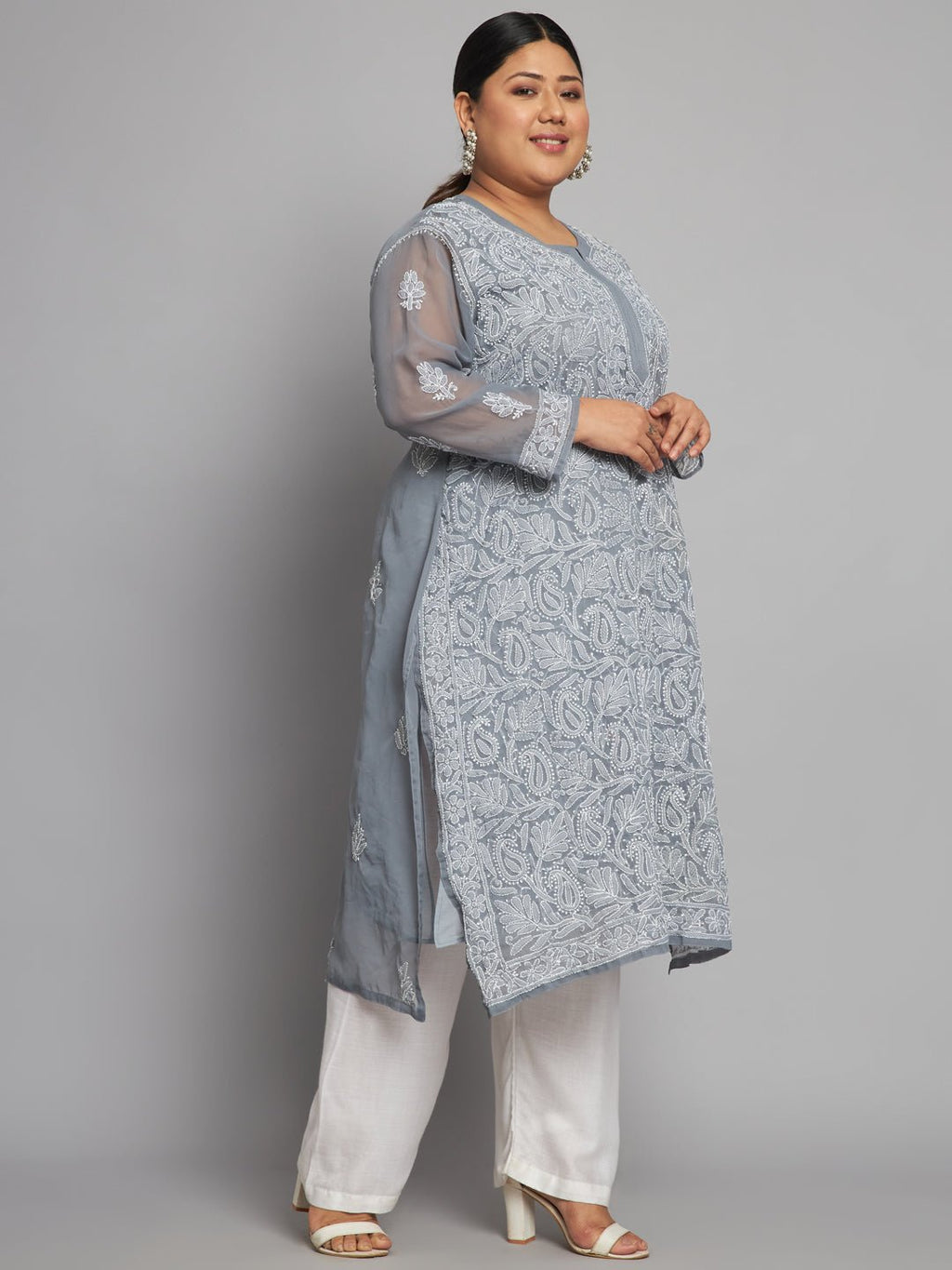 Lucknow Chikankari Hand Embroidered Long Kurta with matching slip, Plus Sizes - Indiankala4u
