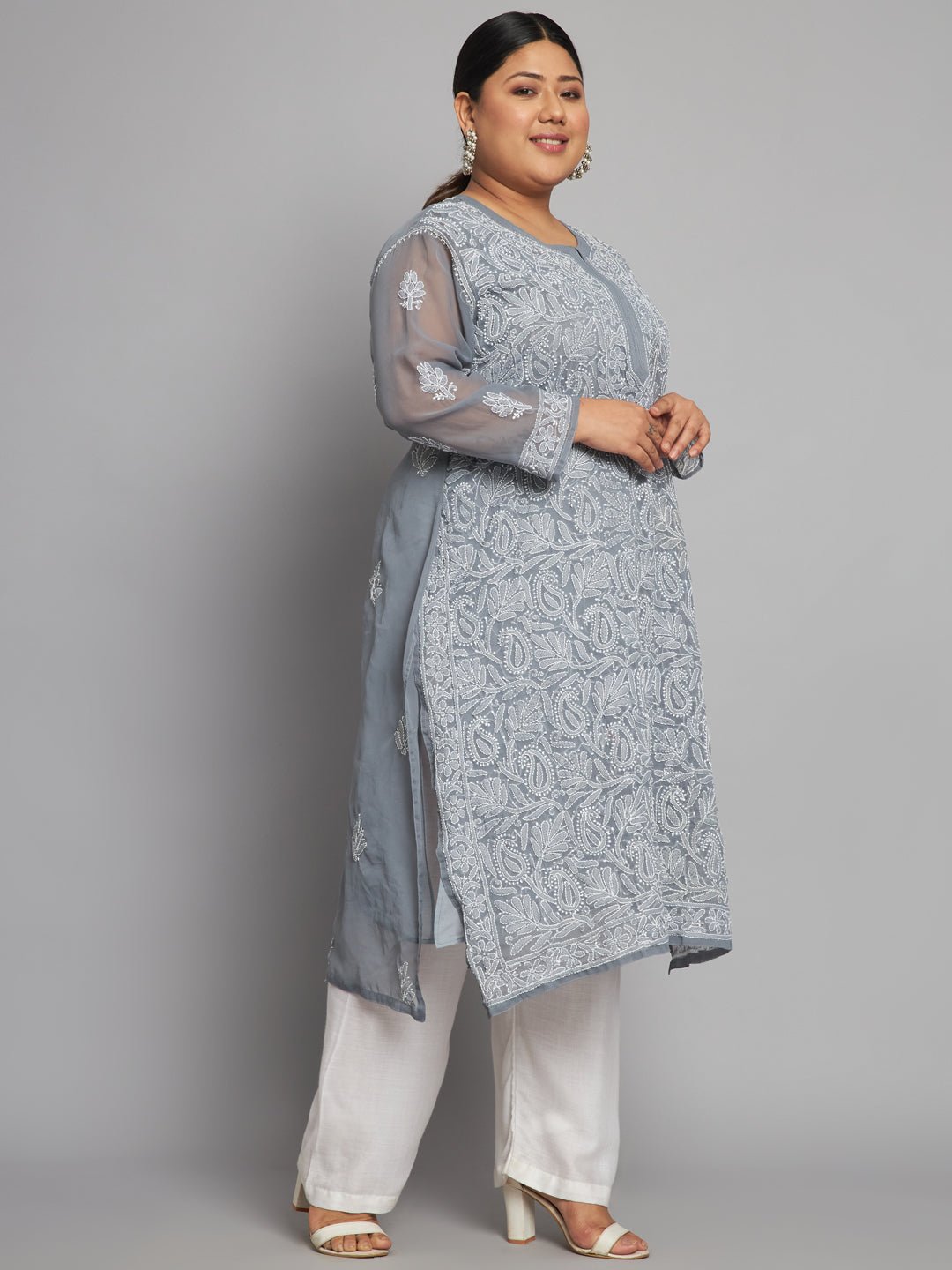 Lucknow Chikankari Hand Embroidered Long Kurta with matching slip, Plus Sizes - Indiankala4u