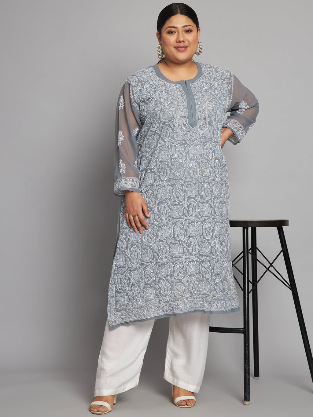 Lucknow Chikankari Hand Embroidered Long Kurta with matching slip, Plus Sizes - Indiankala4u