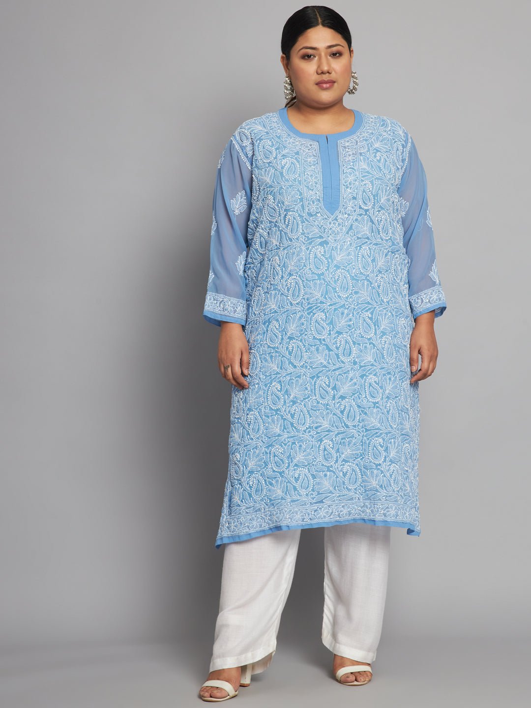 Lucknow Chikankari Hand Embroidered Long Kurta with matching slip, Plus Sizes - Indiankala4u