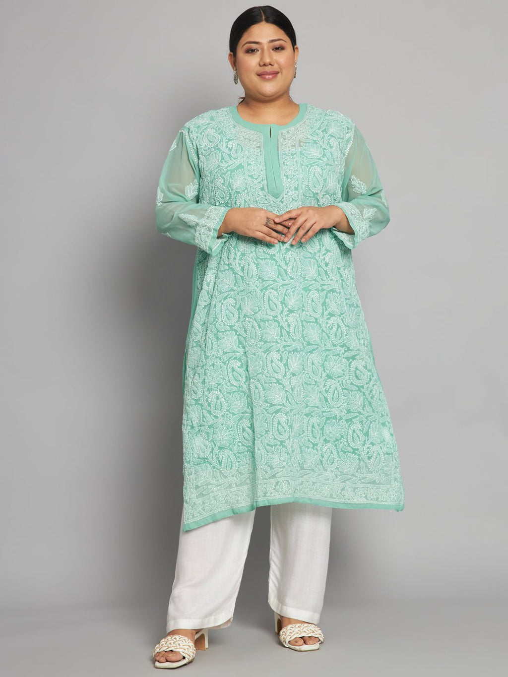 Lucknow Chikankari Hand Embroidered Long Kurta with matching slip, Plus Sizes - Indiankala4u