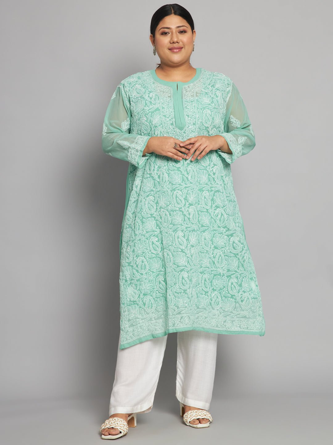 Lucknow Chikankari Hand Embroidered Long Kurta with matching slip, Plus Sizes - Indiankala4u