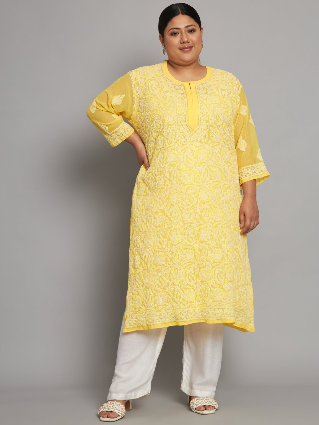 Lucknow Chikankari Hand Embroidered Long Kurta with matching slip, Plus Sizes - Indiankala4u