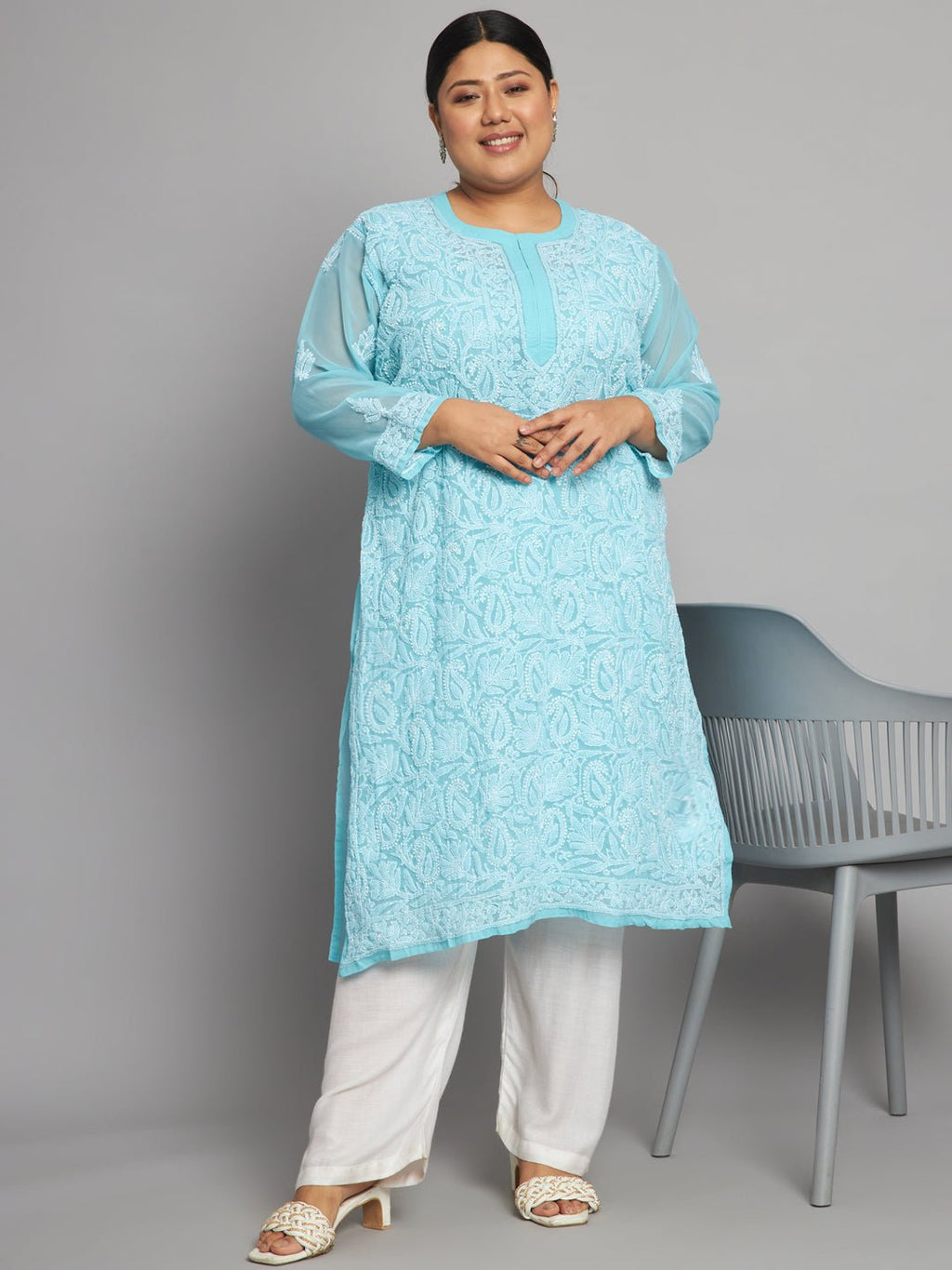 Lucknow Chikankari Hand Embroidered Long Kurta with matching slip, Plus Sizes - Indiankala4u