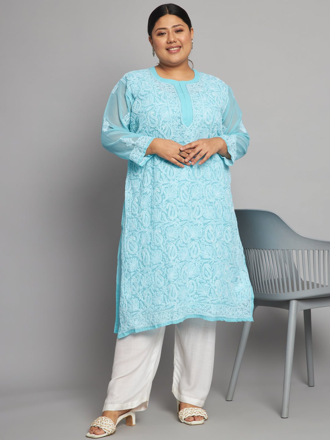Lucknow Chikankari Hand Embroidered Long Kurta with matching slip, Plus Sizes - Indiankala4u