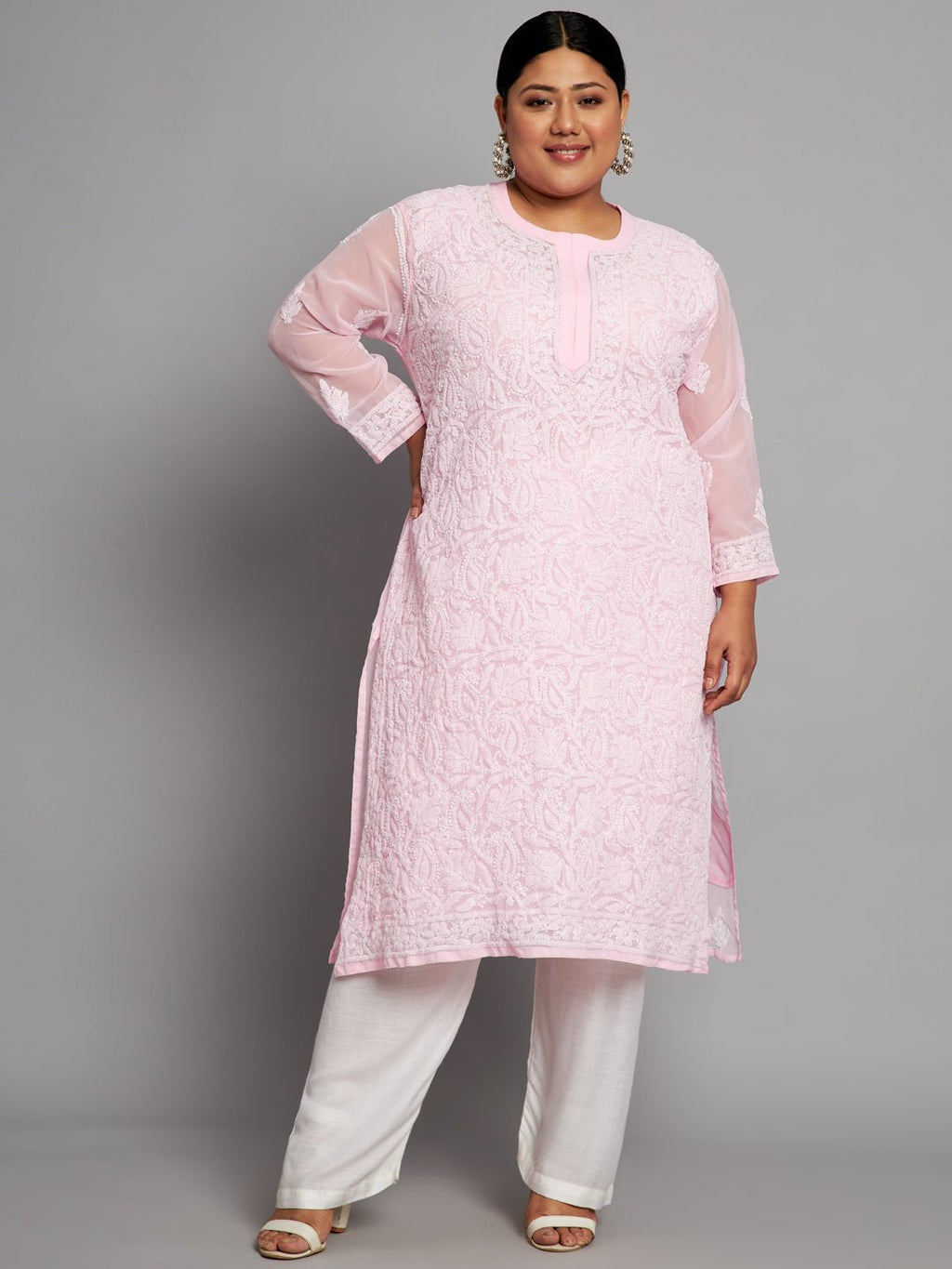 Lucknow Chikankari Hand Embroidered Long Kurta with matching slip, Plus Sizes - Indiankala4u