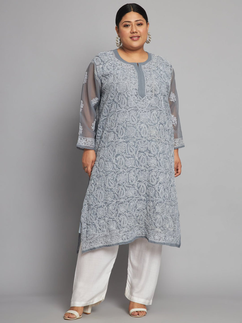 Lucknow Chikankari Hand Embroidered Long Kurta with matching slip, Plus Sizes - Indiankala4u
