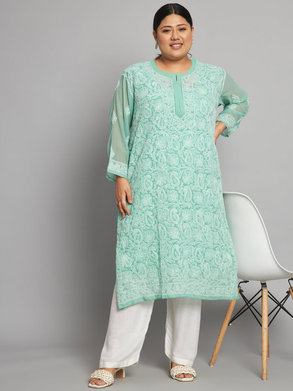 Lucknow Chikankari Hand Embroidered Long Kurta with matching slip, Plus Sizes - Indiankala4u