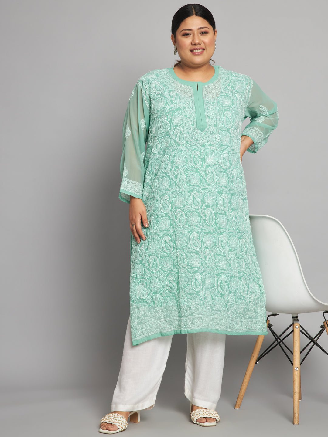 Lucknow Chikankari Hand Embroidered Long Kurta with matching slip, Plus Sizes - Indiankala4u