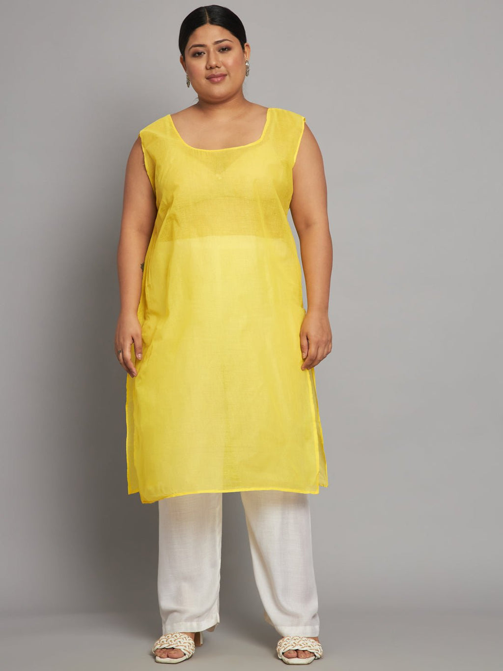 Lucknow Chikankari Hand Embroidered Long Kurta with matching slip, Plus Sizes - Indiankala4u