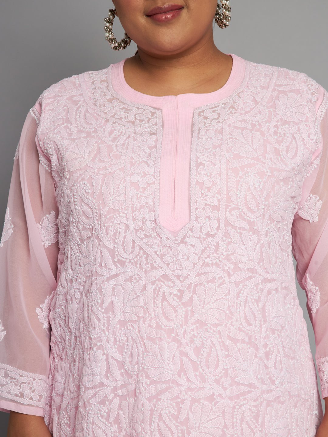 Lucknow Chikankari Hand Embroidered Long Kurta with matching slip, Plus Sizes - Indiankala4u