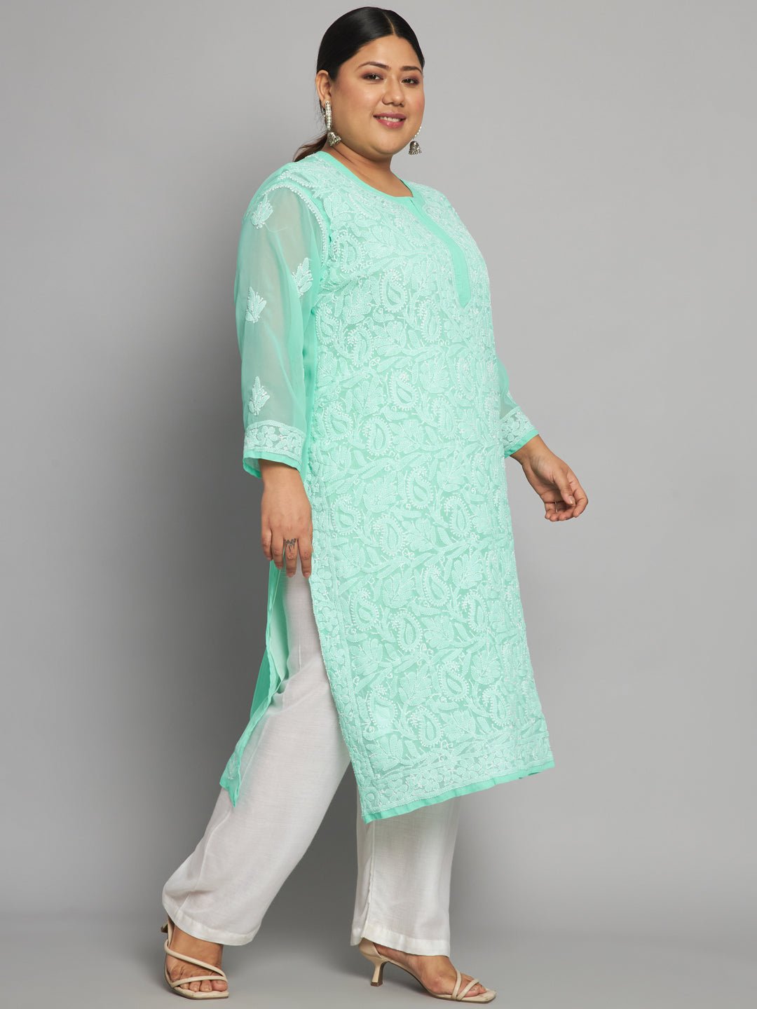 Lucknow Chikankari Hand Embroidered Long Kurta with matching slip, Plus Sizes - Indiankala4u
