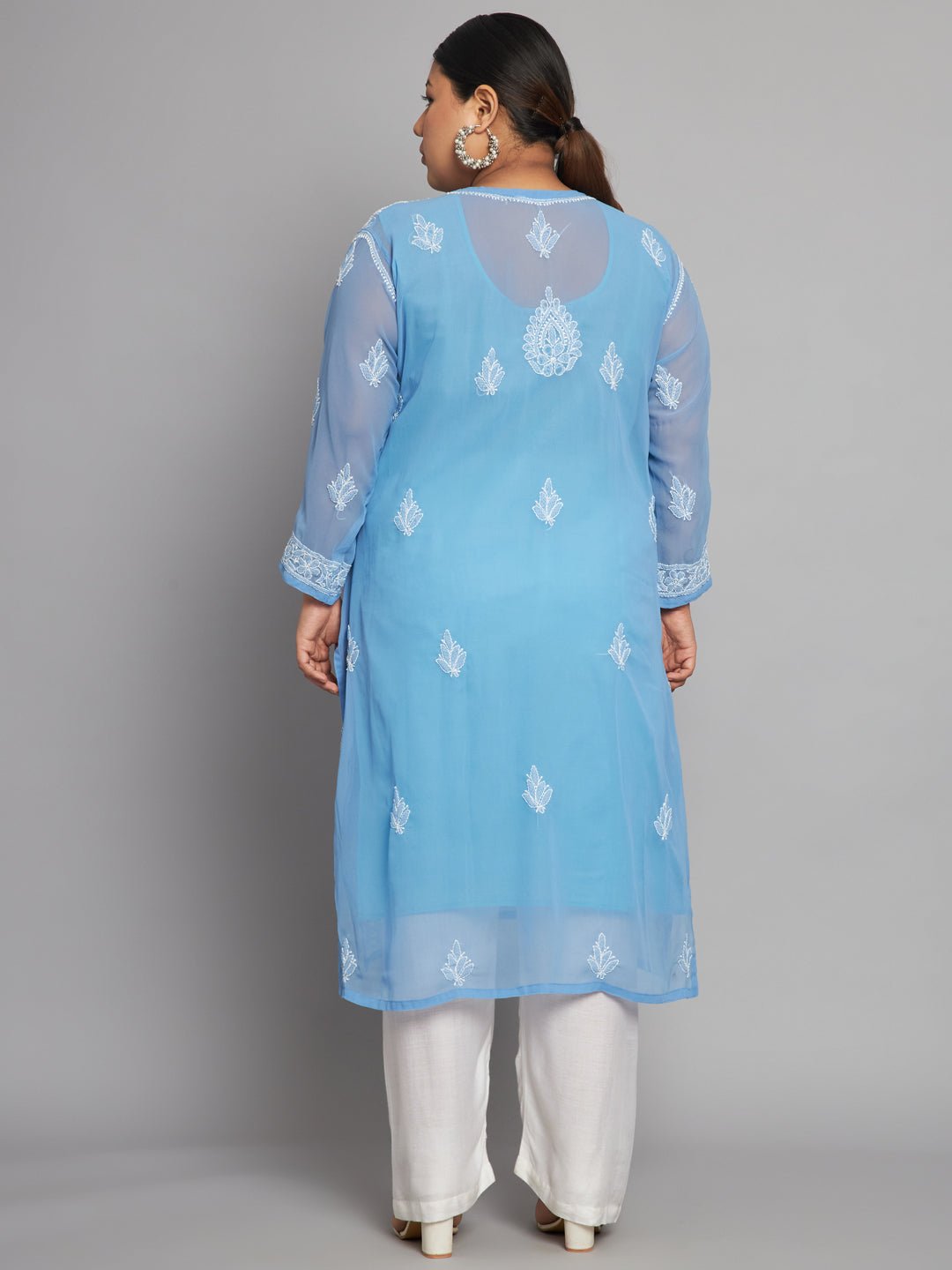 Lucknow Chikankari Hand Embroidered Long Kurta with matching slip, Plus Sizes - Indiankala4u