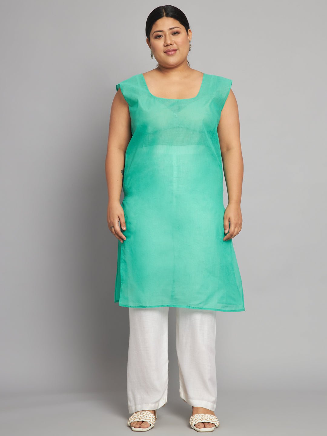 Lucknow Chikankari Hand Embroidered Long Kurta with matching slip, Plus Sizes - Indiankala4u