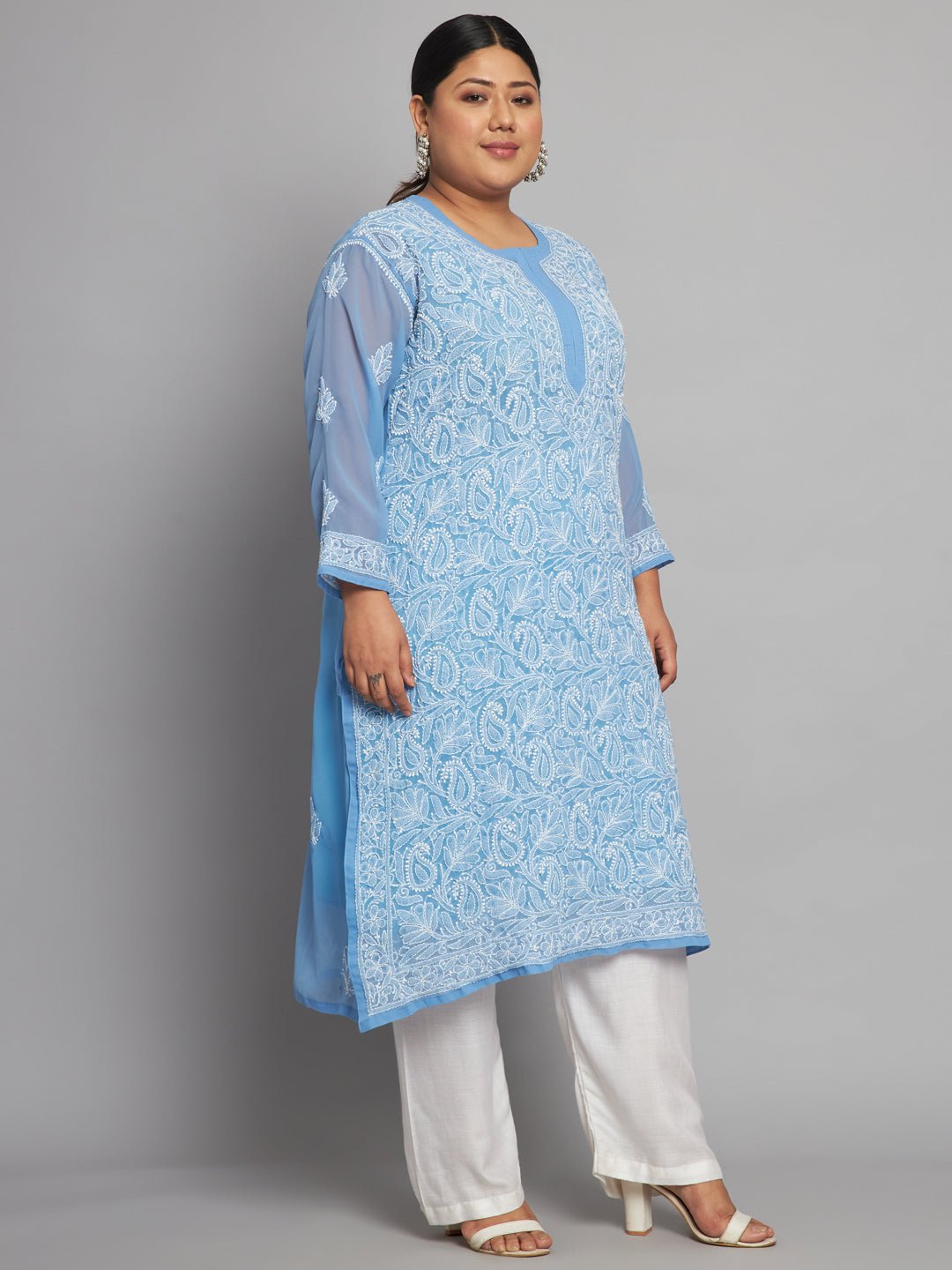 Lucknow Chikankari Hand Embroidered Long Kurta with matching slip, Plus Sizes - Indiankala4u