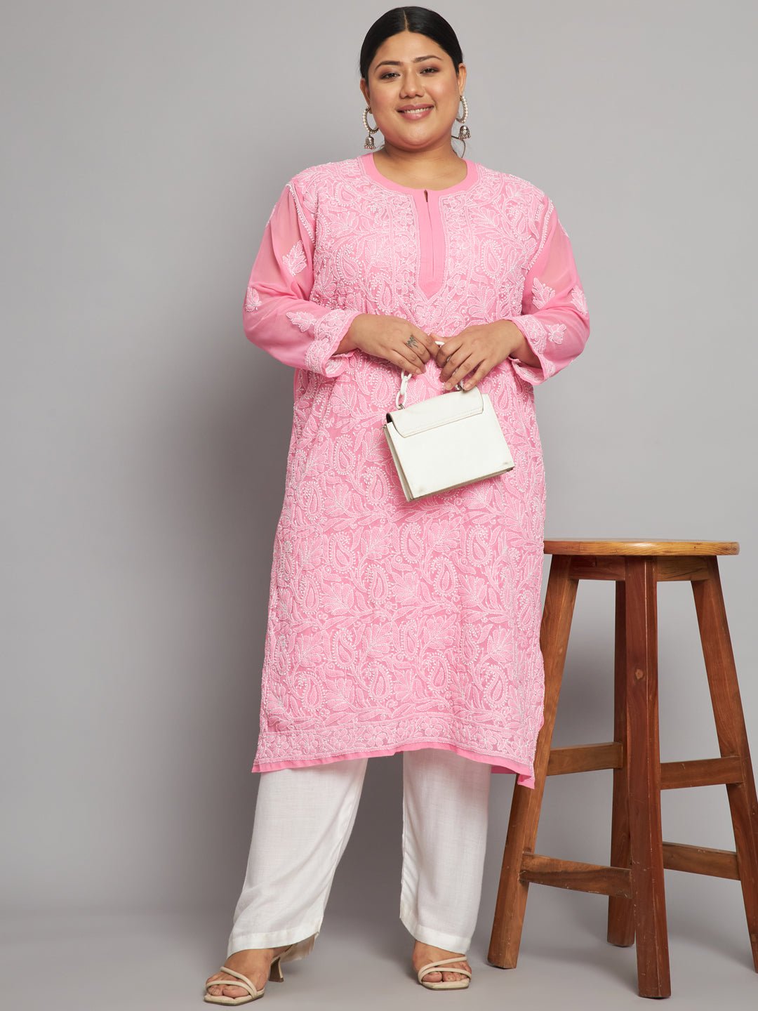 Lucknow Chikankari Hand Embroidered Long Kurta with matching slip, Plus Sizes - Indiankala4u
