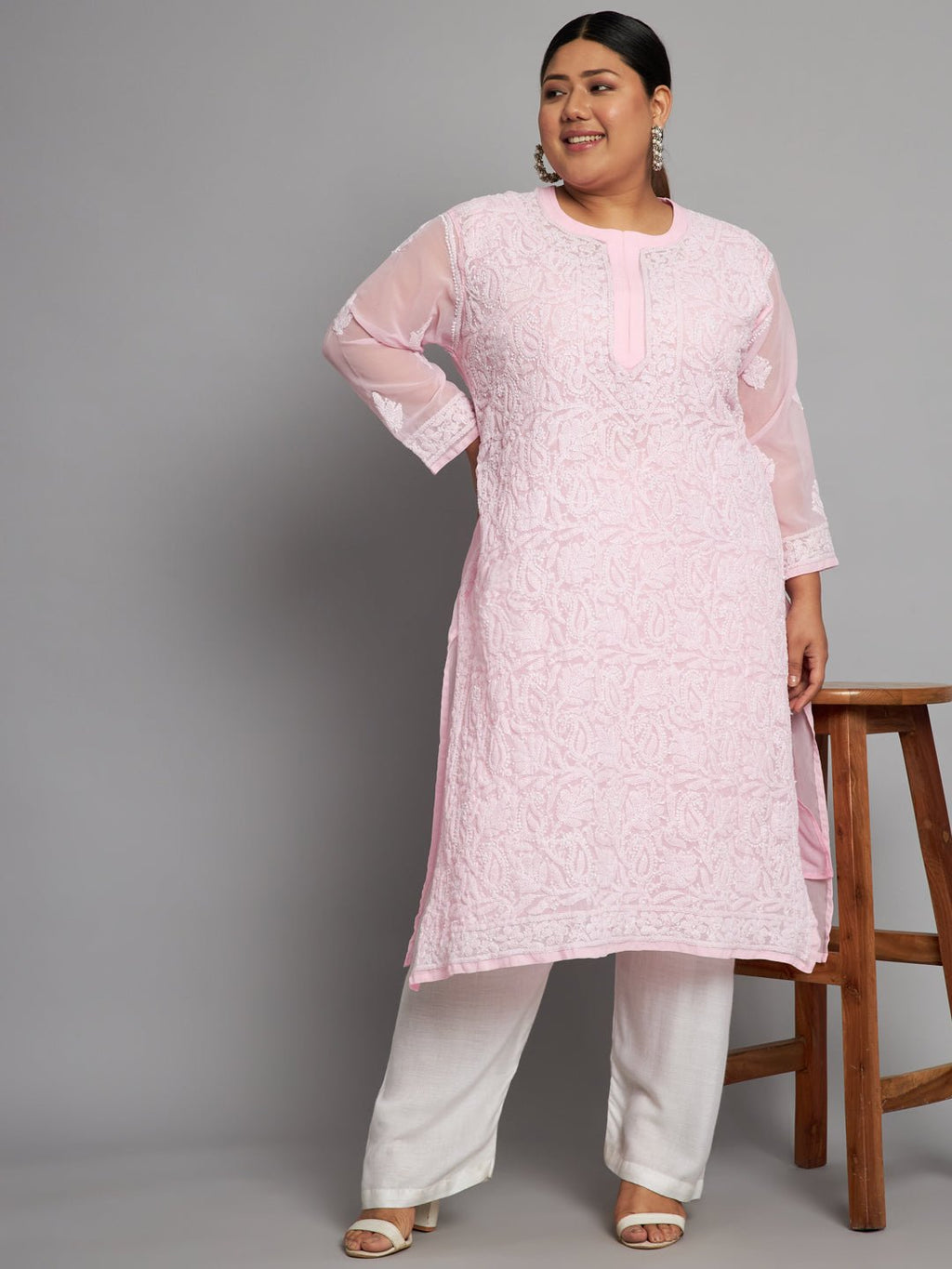 Lucknow Chikankari Hand Embroidered Long Kurta with matching slip, Plus Sizes - Indiankala4u