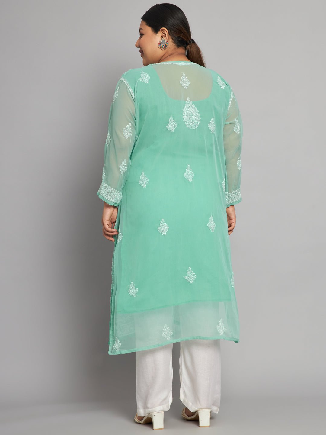 Lucknow Chikankari Hand Embroidered Long Kurta with matching slip, Plus Sizes - Indiankala4u