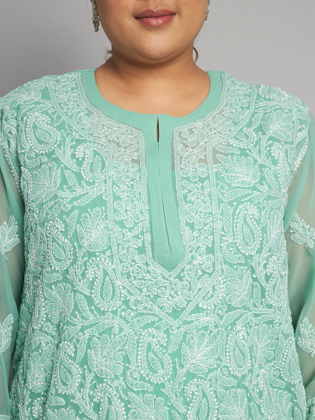 Lucknow Chikankari Hand Embroidered Long Kurta with matching slip, Plus Sizes - Indiankala4u