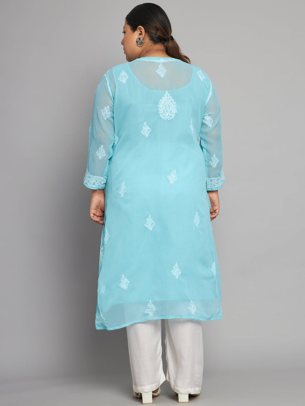 Lucknow Chikankari Hand Embroidered Long Kurta with matching slip, Plus Sizes - Indiankala4u