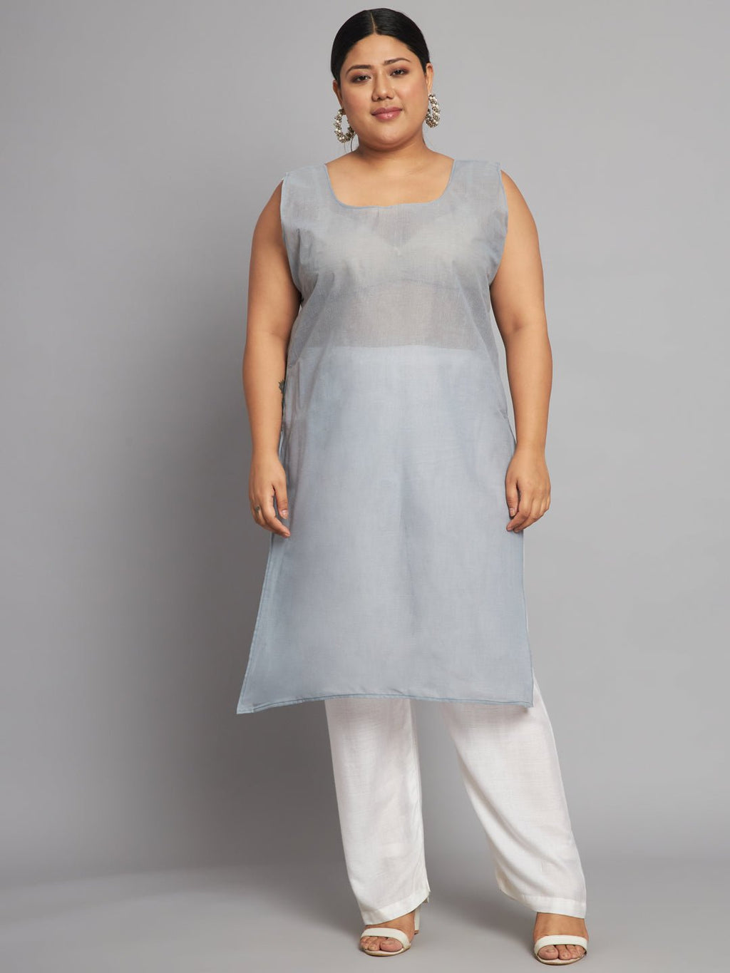 Lucknow Chikankari Hand Embroidered Long Kurta with matching slip, Plus Sizes - Indiankala4u