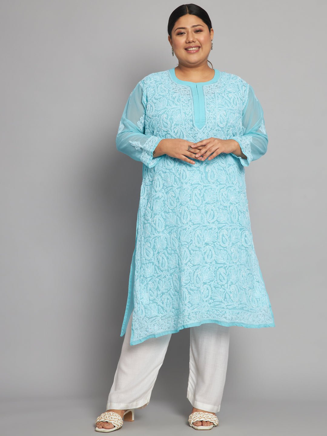 Lucknow Chikankari Hand Embroidered Long Kurta with matching slip, Plus Sizes - Indiankala4u