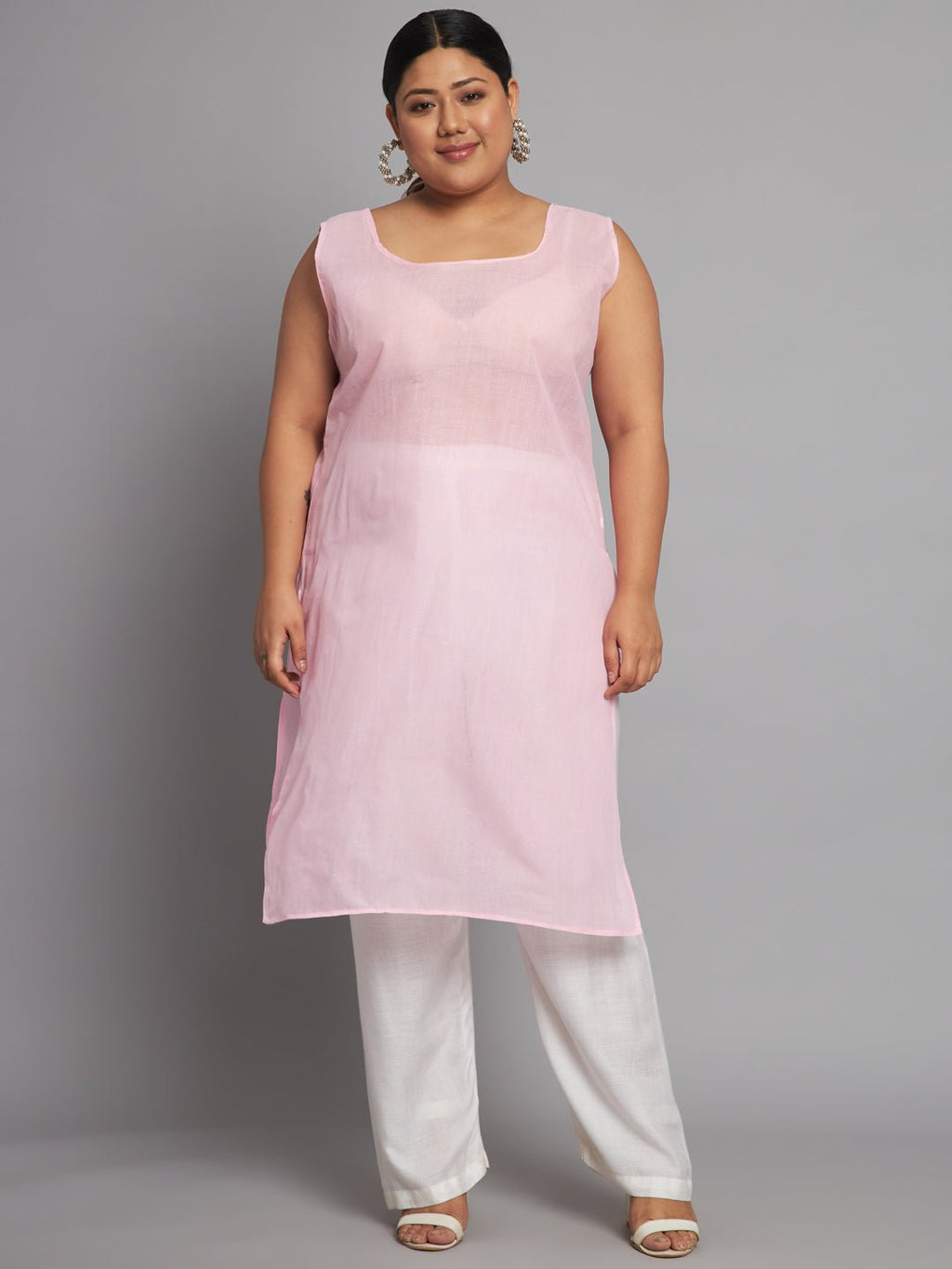 Lucknow Chikankari Hand Embroidered Long Kurta with matching slip, Plus Sizes - Indiankala4u