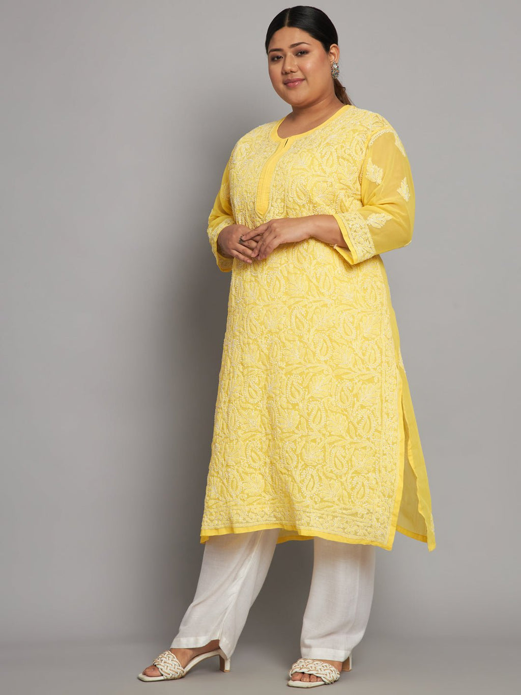 Lucknow Chikankari Hand Embroidered Long Kurta with matching slip, Plus Sizes - Indiankala4u