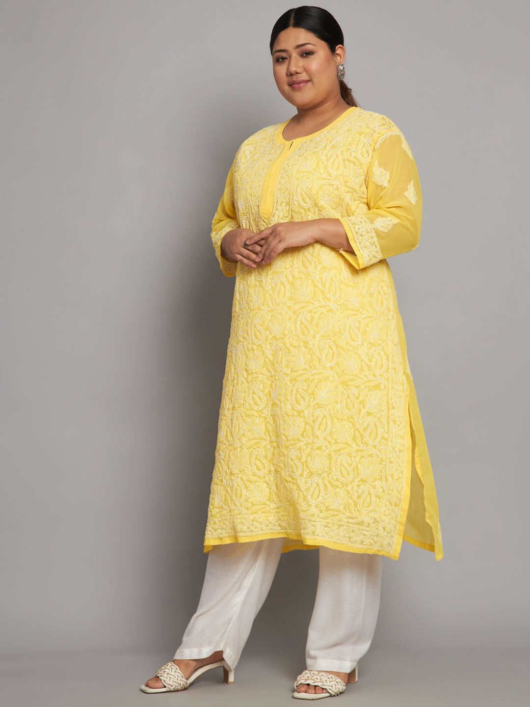 Lucknow Chikankari Hand Embroidered Long Kurta with matching slip, Plus Sizes - Indiankala4u