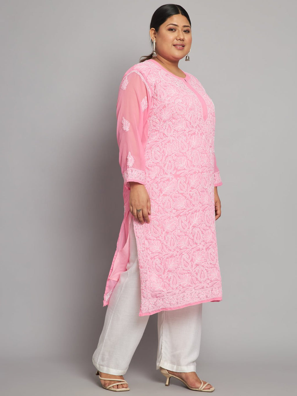 Lucknow Chikankari Hand Embroidered Long Kurta with matching slip, Plus Sizes - Indiankala4u