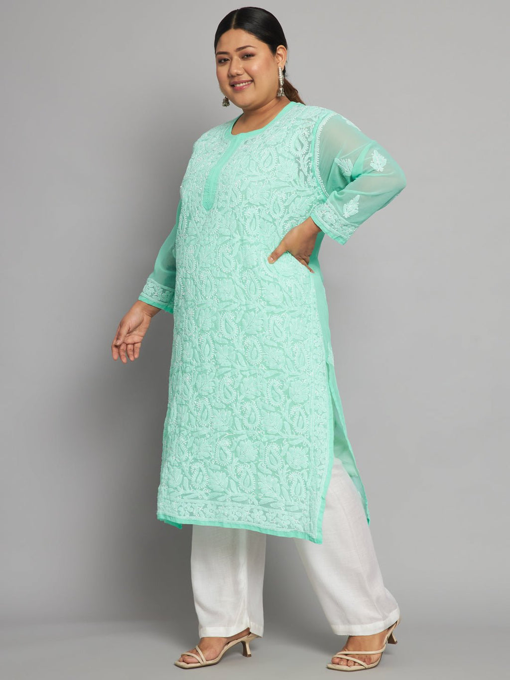 Lucknow Chikankari Hand Embroidered Long Kurta with matching slip, Plus Sizes - Indiankala4u