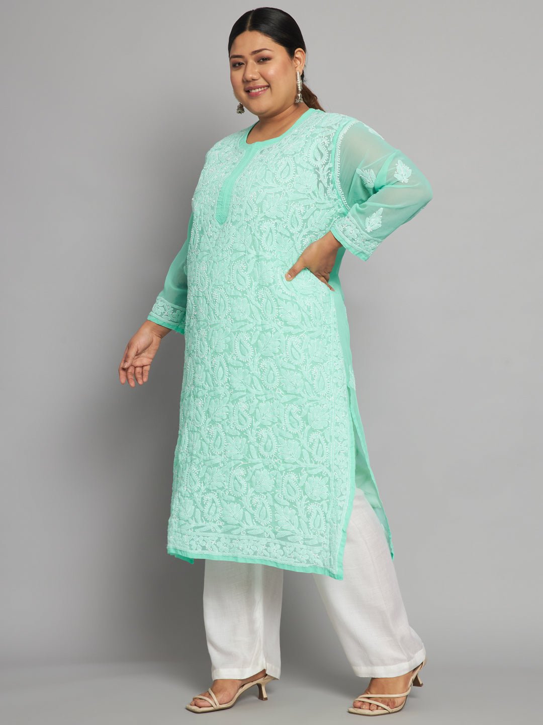 Lucknow Chikankari Hand Embroidered Long Kurta with matching slip, Plus Sizes - Indiankala4u