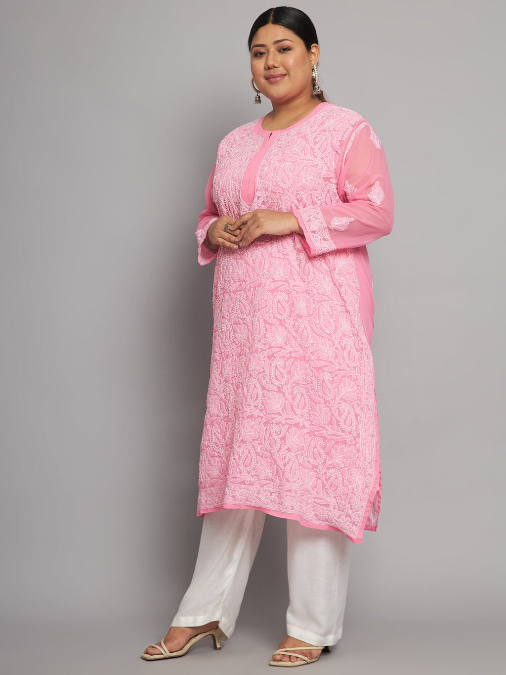 Lucknow Chikankari Hand Embroidered Long Kurta with matching slip, Plus Sizes - Indiankala4u