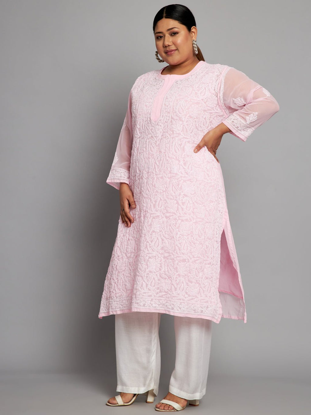Lucknow Chikankari Hand Embroidered Long Kurta with matching slip, Plus Sizes - Indiankala4u
