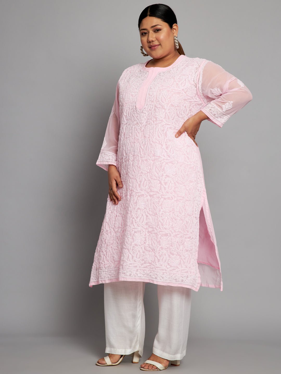 Lucknow Chikankari Hand Embroidered Long Kurta with matching slip, Plus Sizes - Indiankala4u