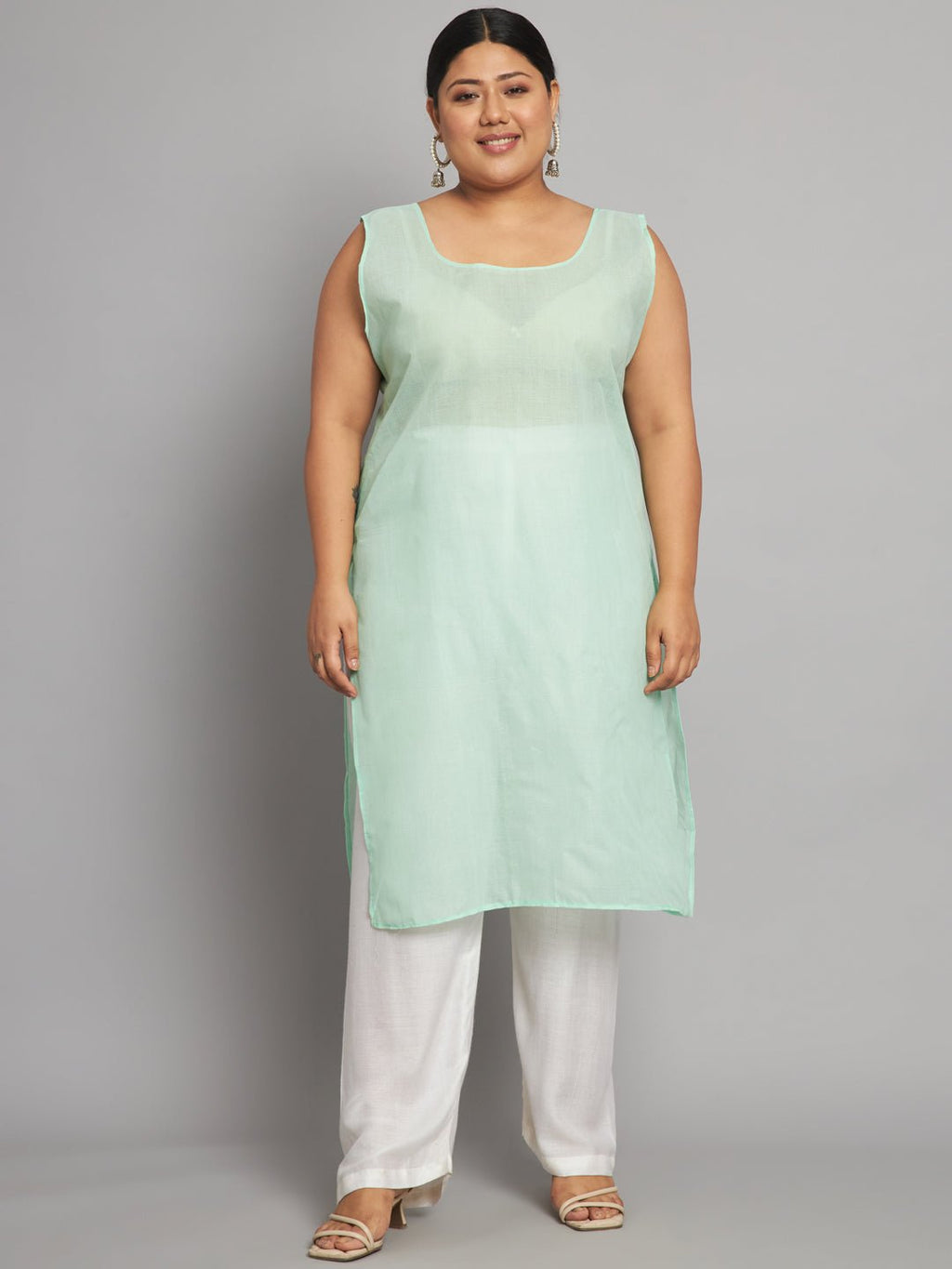 Lucknow Chikankari Hand Embroidered Long Kurta with matching slip, Plus Sizes - Indiankala4u