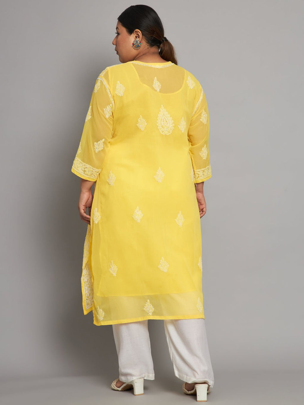 Lucknow Chikankari Hand Embroidered Long Kurta with matching slip, Plus Sizes - Indiankala4u