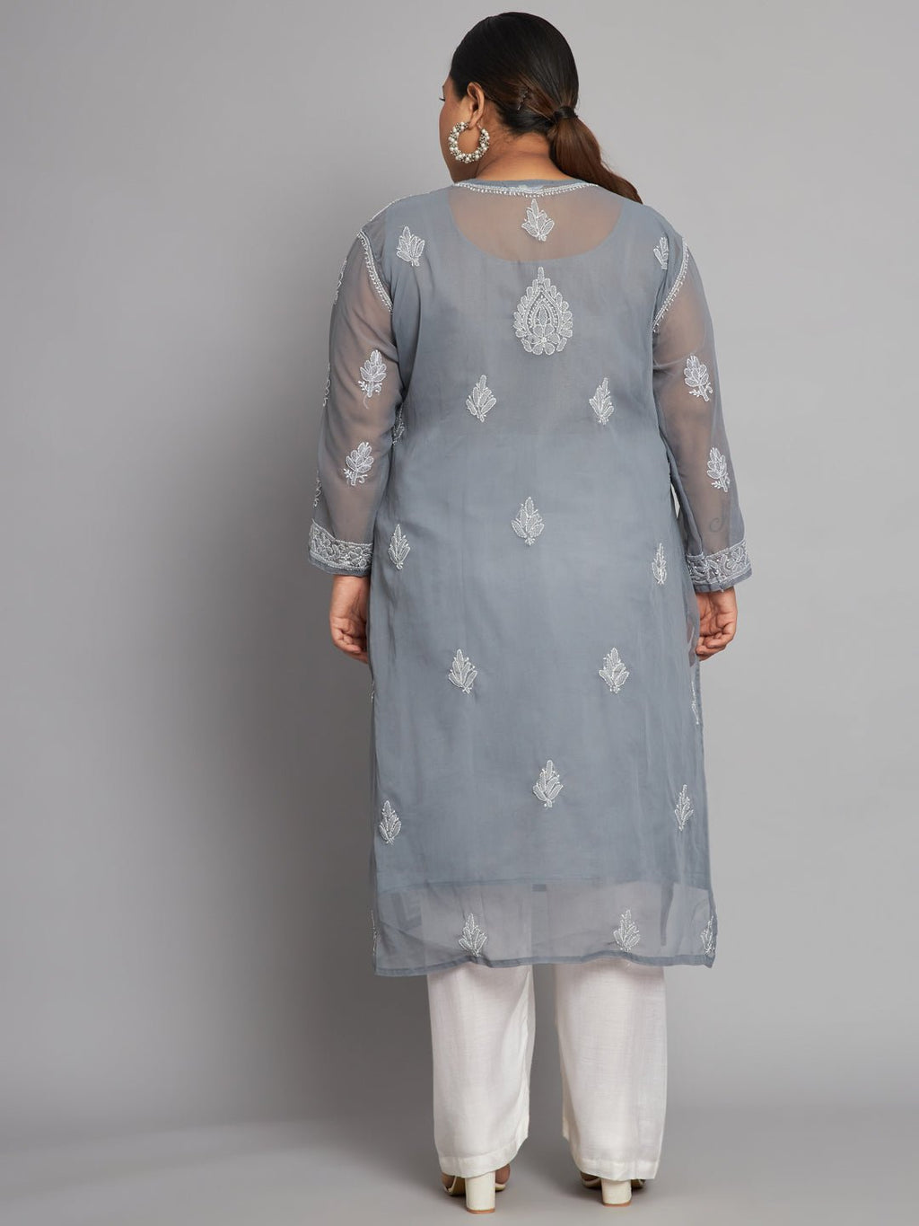 Lucknow Chikankari Hand Embroidered Long Kurta with matching slip, Plus Sizes - Indiankala4u