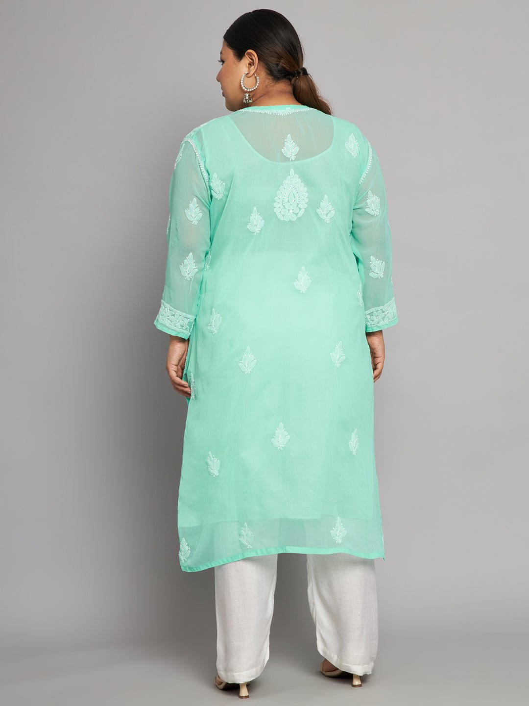 Lucknow Chikankari Hand Embroidered Long Kurta with matching slip, Plus Sizes - Indiankala4u