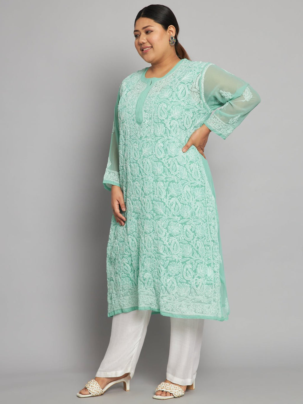 Lucknow Chikankari Hand Embroidered Long Kurta with matching slip, Plus Sizes - Indiankala4u