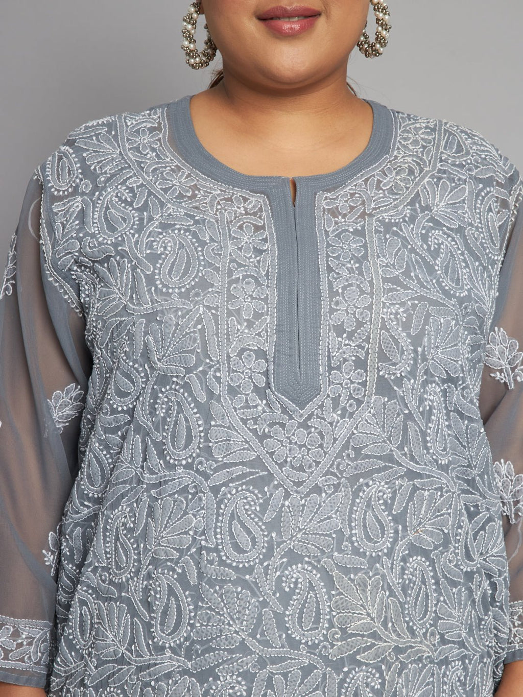 Lucknow Chikankari Hand Embroidered Long Kurta with matching slip, Plus Sizes - Indiankala4u