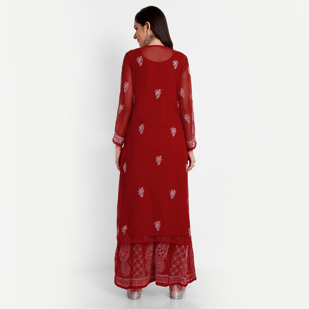 Lucknow Chikankari Hand Embroidered Long Kurta with Sharara Set - Indiankala4u