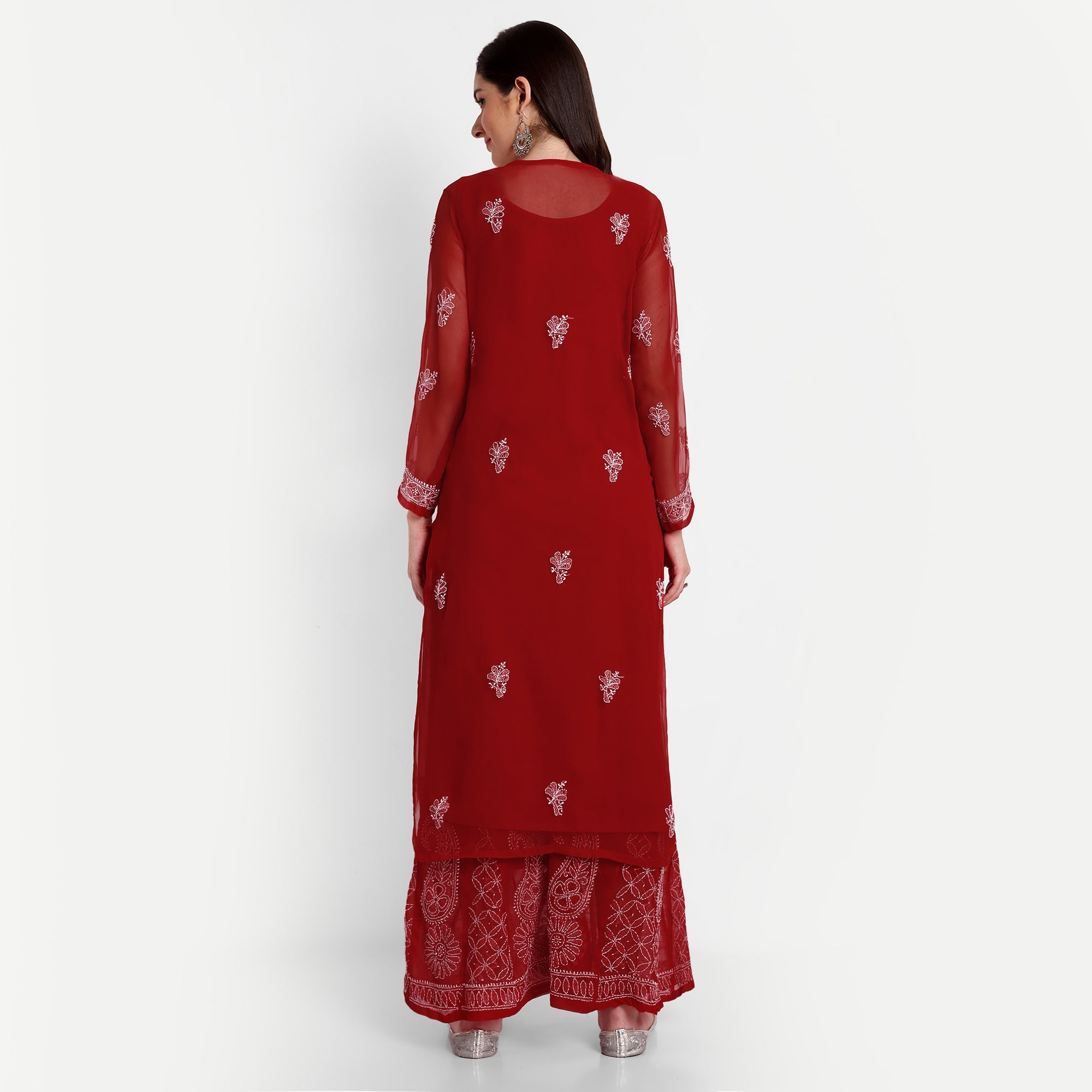 Lucknow Chikankari Hand Embroidered Long Kurta with Sharara Set - Indiankala4u
