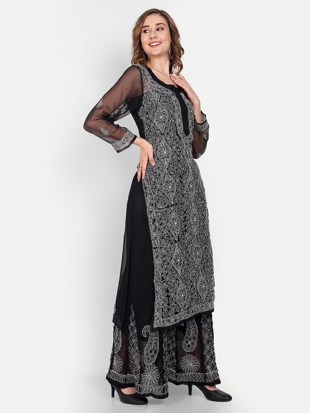 Lucknow Chikankari Hand Embroidered Long Kurta with Sharara Set - Indiankala4u